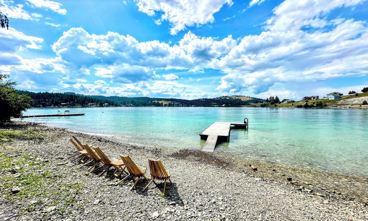 Kalispell House | Peaceful Island Retreat on Foys Lake MT – Hot Tub, Private Dock, Beach & Kayaks!