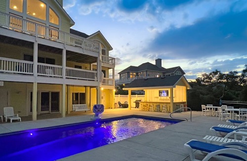 Pine Island House | Cheerful semi-oceanfront Corolla home w/private pool, hot tub, & gas fireplace