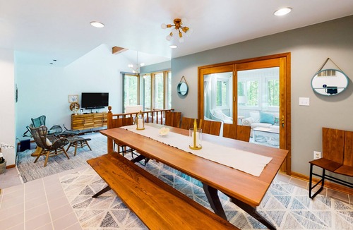 Lakeside Woods House | Lakefront home with hot tub, WiFi, dock, lake views, AC, & wood fireplace