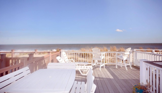 Bright, colorful 3 bedroom oceanfront townhouse with WiFi, fun decor, and two decks with fabulous ocean views located midtown and only steps to the beach!