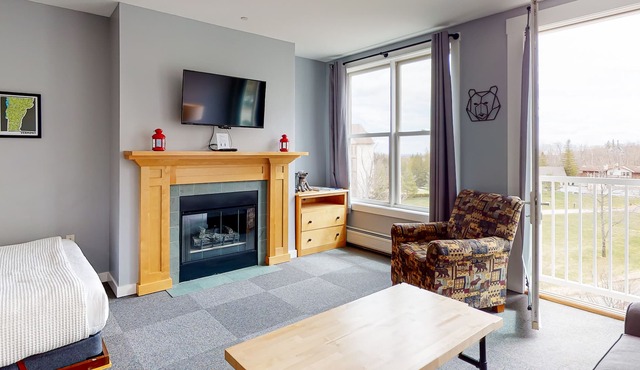 Mountain-side studio with pool, hot tub, sauna, elevator & fireplace
