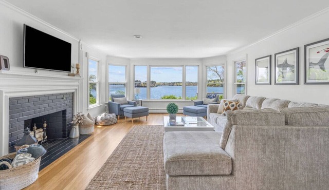 Stunning Waterfront Home with Hot Tub, Deck, Fire Pits, Office & More