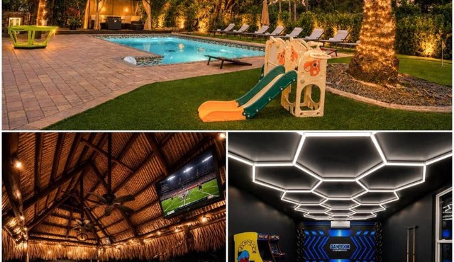 Tiki Oasis with kitchen - Game Room - Fire Pit - 4BR Retreat - Pool