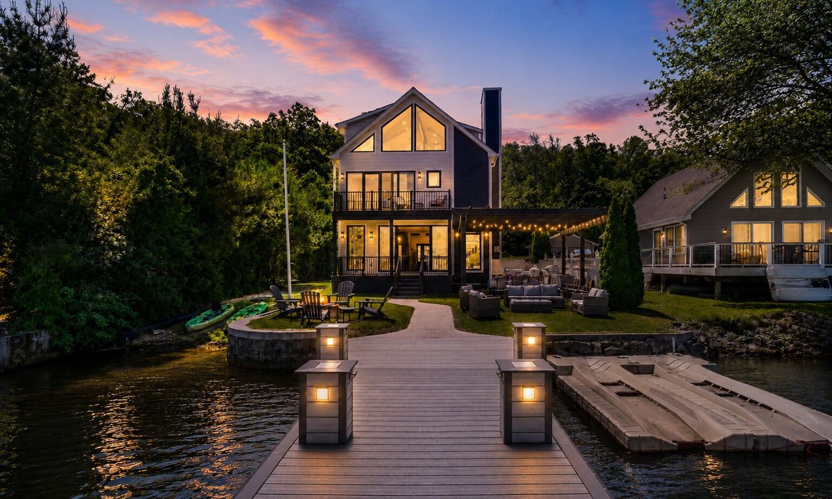 Hewitt House | Designer Lakefront | Kayaks Dock Firepit